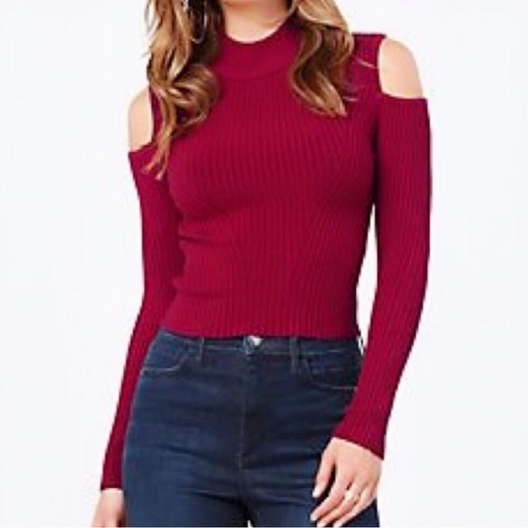 Bebe Cold-Shoulder Ribbed Mock Neck Sweater - Red Size small - Picture 2 of 3